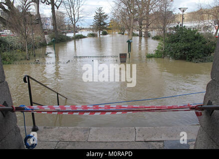 Paris, France. 24 Jan, 2018. La pointe de l'île 'Paris Seine Ile de la Cite' est inondé à Paris, France, 24 janvier 2018. La police avertit qu'un niveau d'eau d'environ six mètres peut être atteint avant la fin de semaine (28 janvier 2018). Credit : Katharina Kalhoff/dpa/Alamy Live News Banque D'Images