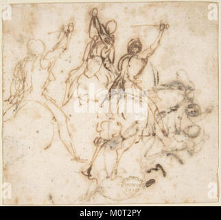 Cette œuvre représente une charge de cavalerie, capturant l'intensité et le mouvement des troupes montées. La pièce met en valeur l'importance historique de la cavalerie au combat, mettant en évidence la puissance et la vitesse des soldats montés en guerre. Banque D'Images