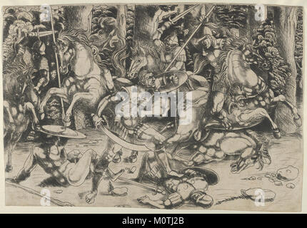 Cette œuvre représente une scène de bataille de cavalerie, mettant en valeur les combats intenses entre les troupes montées. La pièce capture le mouvement et le drame de la guerre de cavalerie, soulignant la force et la coordination des soldats impliqués. Banque D'Images