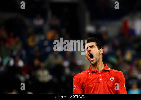 Belgrade, Serbie - mars 7, 2010 : Novak Djokovic réagit au cours de la Coupe Davis Groupe mondial premier tour match de tennis contre John Isner à Belgrade Arena Banque D'Images