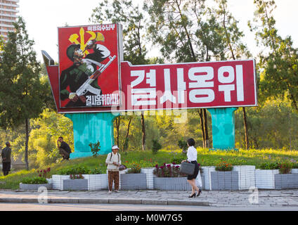 Panneaux de propagande nord-coréen avec un soldat du Parti des travailleurs de Corée du Nord, de la province de Pyongan, Pyongyang, Corée du Nord Banque D'Images