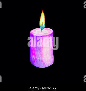 Illustration à l'aquarelle d'un cierge allumé en rose. Image d'isolés une bougie allumée. Dessin fait à la main. Flamme de feu. Banque D'Images