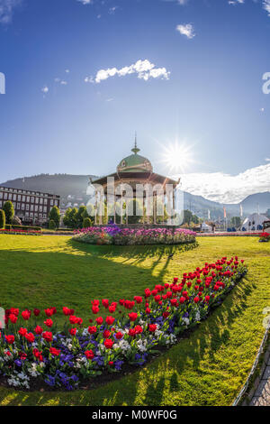 Altan avec tulipes rouges au printemps à Bergen, Norvège Banque D'Images