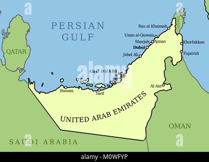 Emirats Arabes Unis la carte. Contours graphiques carte pays avec les principales villes. Illustration de Vecteur