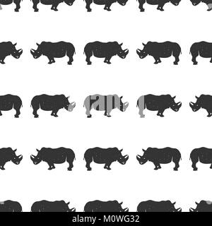 Rhino sans couture. Fond d'animaux sauvages. Vecteur Stock motif rhinocéros isolé sur fond blanc. Vintage design monochrome dessiné à la main Illustration de Vecteur