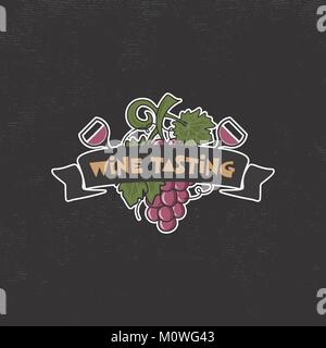 Dégustation de vin, modèle logo winery. Verre, les graffiti art, symbole de boissons. L'icône de vigne et typographie design. Winery, signe de qualité premium. Stock vector illustration isolé sur dark Illustration de Vecteur