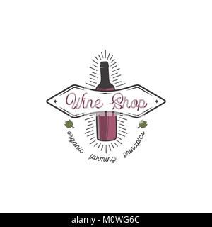 Boutique de vin modèle logo concept. Bouteille de vin, la feuille, la conception et la typographie sunbursts. Vecteur Stock emblème de winery, wine shop logotype, store isolé sur fond blanc Illustration de Vecteur