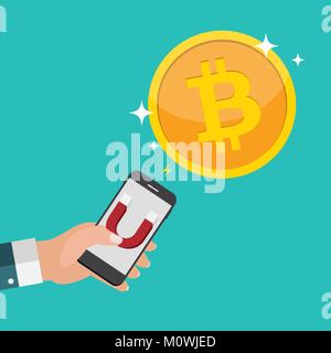 Concept d'entreprise d'attirer l'aimant de main des bitcoins.Vector Illustration Illustration de Vecteur