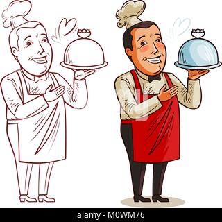 Chef cuisinier drôle, avec le bac dans la main. Restaurant, cuisine, food concept. Cartoon vector illustration Illustration de Vecteur