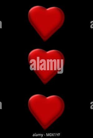 Trois Coeurs rouge brillant sur un fond noir Illustration de Vecteur