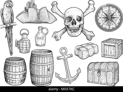 La piraterie stuff illustration, dessin, gravure, encre, dessin au trait, vector Illustration de Vecteur