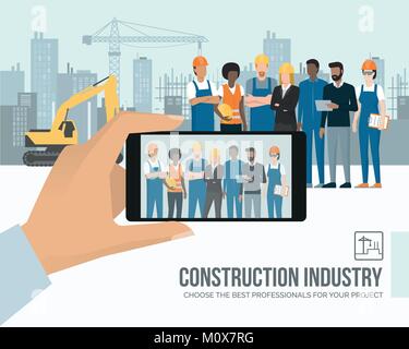 Les travailleurs de la construction et des ingénieurs professionnels qui posent ensemble sur le site de construction, un homme prend une photo avec un smartphone, point subjectif Illustration de Vecteur