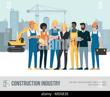 Les travailleurs de la construction et les ingénieurs de poser ensemble sur le site de construction, les machines et la grue sur l'arrière-plan Illustration de Vecteur