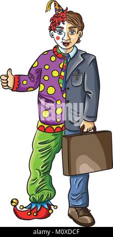 Vector illustration d'un homme portant un costume d'affaires et d'un clown costume en isolé sur fond blanc. Le caractère professionnel de la dualité montre dutie Illustration de Vecteur