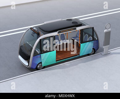 L'auto-Conduite de bus navette en attente à la station de bus. La station de bus équipés de panneaux solaires pour l'énergie électrique. Le rendu 3D image. Banque D'Images