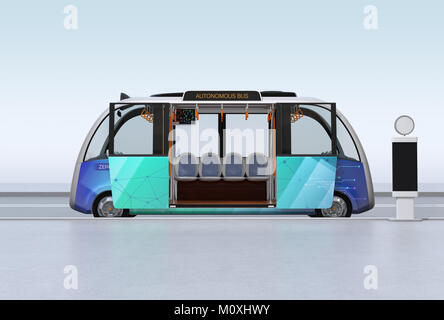 Vue latérale du bus navette autonome en attente à la station de bus. Le rendu 3D image. Banque D'Images