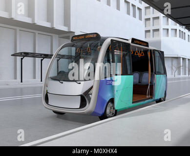 L'auto-Conduite de bus navette en attente à la station de bus. La station de bus équipés de panneaux solaires pour l'énergie électrique. Le rendu 3D image. Banque D'Images