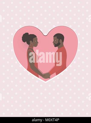 Les femmes et les hommes africains un couple dans l'amour, se tenant la main et regarder dans les yeux pour s Carte de souhaits, Saint-Valentin ou d'engagement ou un mariage. Coeur sur fond rose et blanc avec motif à pois style design moderne. Illustration de Vecteur