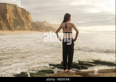 Femme debout sur des rochers au bord de la mer en regardant les vagues. Vue arrière. Banque D'Images