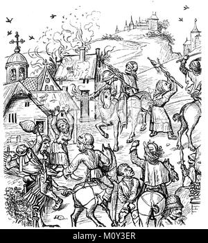 Scènes de pillage pendant les guerres hussites, une série d'affrontements et de batailles dans les années 1419-1436, l'amélioration d'un fichier numérique d'origine du 19 siècle. Banque D'Images