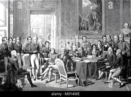 Le Congrès de Vienne, qui a eu lieu du 18 septembre 1814 au 9 juin 1815, a été suivi par les plénipotentiaires des huit puissances impliquées dans l'amélioration de la paix de Paris, d'un fichier numérique d'impression d'origine du 19 siècle. Banque D'Images