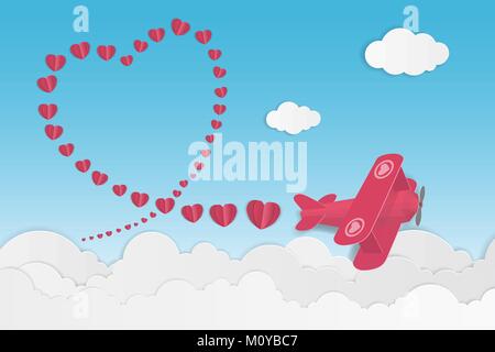 L'amour et la Saint-Valentin Thème de fond. Avec plan de vol sont de couleur jaune et rouge flottant sur le ciel du cœur. L'art du papier traditionnel. Vector illustration. Illustration de Vecteur