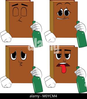 Books tenant une bouteille. Bande dessinée collection avec des visages tristes. Vecteur d'expressions définies. Illustration de Vecteur