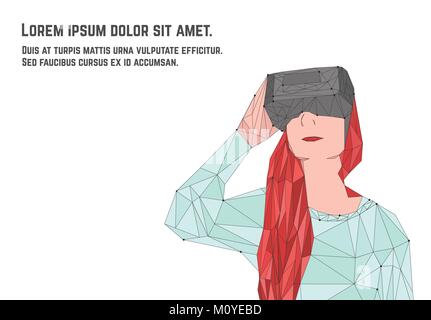 Femme aux cheveux rouges en lunettes de réalité virtuelle. Illustration de Vecteur