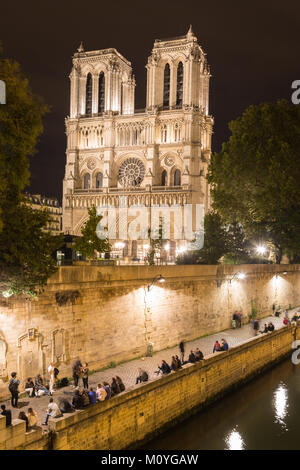 Cathédrale Notre Dame de Paris la nuit,vue latérale avant,Seine,Paris,France Banque D'Images