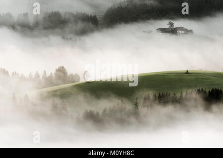 Mountain meadow avec ferme de montagne et mer de brume,,Wilder Kaiser,Autriche Tyrol,Scheffau Banque D'Images