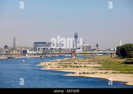 Allemagne, Cologne, faible niveau de la rivière du Rhin, le 6 septembre 2013, les banques du Rhin dans Cologne-Poll, vue de la Rheinau Harbour et l'cathed Banque D'Images