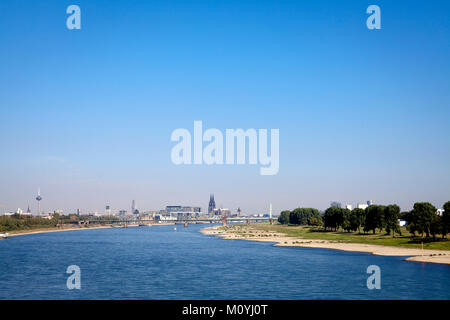 Allemagne, Cologne, faible niveau de la rivière du Rhin, le 6 septembre 2013, les banques du Rhin dans Cologne-Poll, vue de la Rheinau Harbour et l'cathed Banque D'Images