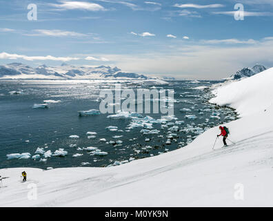 Ski alpin féminin ski alpin de l'alpiniste dans l'Antarctique ; l'Île Rongé ; Péninsule Arctowski Banque D'Images