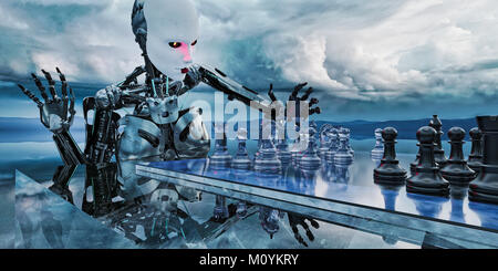 Femme Robot jouant aux échecs dans les nuages Banque D'Images