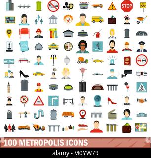 Metropolis 100 icons set, style plat Illustration de Vecteur