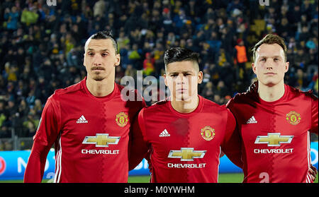 Principaux acteurs (Zlatan Ibrahimovic, Marcos Rojo, Phil Jones) en match 1/8 de finale de la Ligue Europa entre 'FC Rostov" et "Manchester United", 09 Banque D'Images