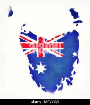 La Tasmanie carte aquarelle avec drapeau national australien devant un fond blanc Banque D'Images