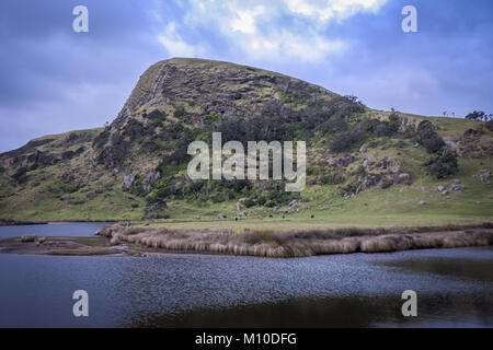 Vue sur le pic rocheux du camping à esprits Bay, Northland, Nouvelle-Zélande Banque D'Images