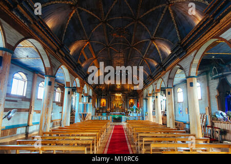 L'île de Chiloé, Achao (Chili) : église de Santa Maria de Loreto, Site du patrimoine mondial de l'UNESCO, de l'intérieur Banque D'Images