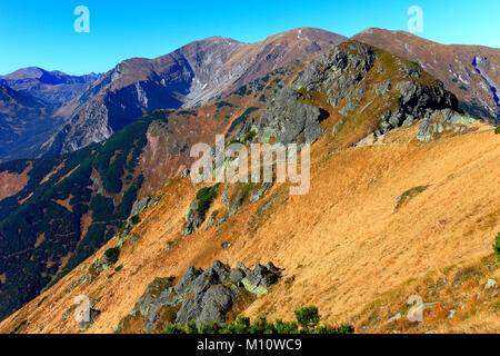 La Pologne, Tatras, Zakopane - Goryczkowa Col Liptowska Tomanowa, Cicha et vallées avec Czerwone Wierchy peaks et de l'Ouest en arrière-plan Tatra Banque D'Images