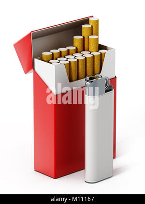 Boîte à cigarettes et plus léger isolé sur fond blanc. 3D illustration Banque D'Images