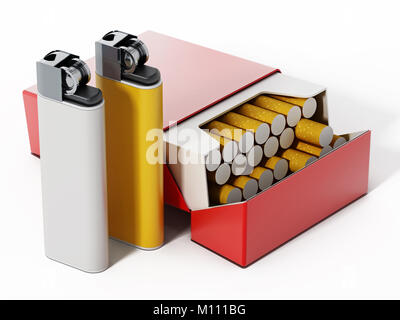 Boîte à cigarettes et briquets isolé sur fond blanc. 3D illustration Banque D'Images