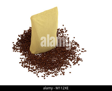 Vue de dessus du limogeage du paquet sur les grains de café isolated over white Banque D'Images
