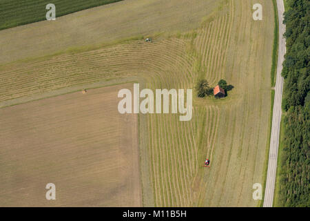 Vue aérienne de tracteur travaillant dans les champs à proximité de Pitzeshofen, Bavière, Allemagne Banque D'Images