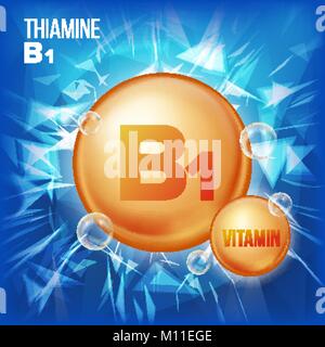 La vitamine B1 La thiamine vecteur. La vitamine Huile d'or Comp Icône. La vitamine pilule d'or Icône. Pour la beauté, Cosmétiques, Heath Annonces Promo Design. 3D La vitamine complexe avec la formule chimique. Illustration Illustration de Vecteur