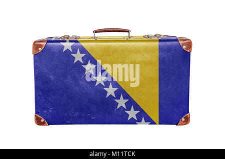Valise vintage avec la Bosnie-et-Herzégovine d'un drapeau Banque D'Images