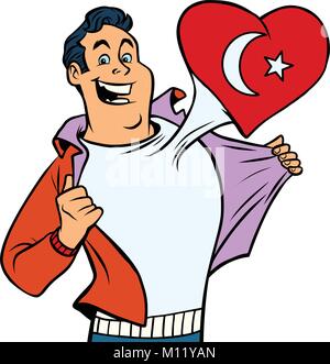 La Turquie patriot homme sports fan d'un drapeau coeur. isolé sur fond blanc. Caricature de bande dessinée illustration rétro pop art Illustration de Vecteur