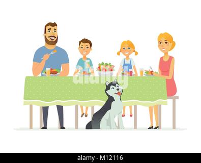 Happy Family having dinner together - cartoon illustration caractères personnes moderne Illustration de Vecteur