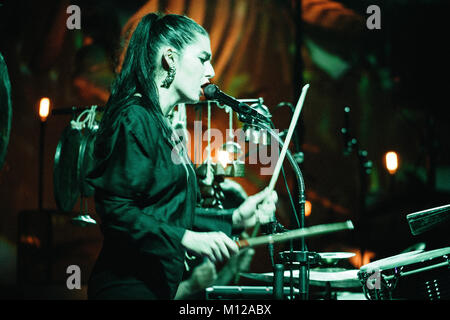 Le duo suédois Wildbirds Peacedrums et effectue un concert live au Musée Zoologique à Copenhague dans le cadre du festival de musique Festival danois Frost 2015. Chanteur et musicien ici Mariam Wallentin est vu sur scène. Le Danemark, 01/03 2015. Banque D'Images