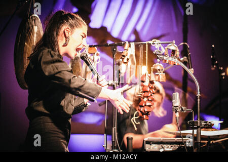 Le duo suédois Wildbirds Peacedrums et effectue un concert live au Musée Zoologique à Copenhague dans le cadre du festival de musique Festival danois Frost 2015. Chanteur et musicien ici Mariam Wallentin est vu sur scène. Le Danemark, 01/03 2015. Banque D'Images